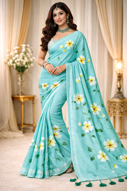 Aqua Bloom Premium Mull Cotton Handprint Saree