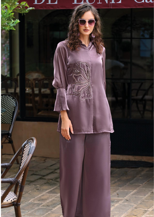 Orchid Bloom Embroidered Silk Co-Ord Set