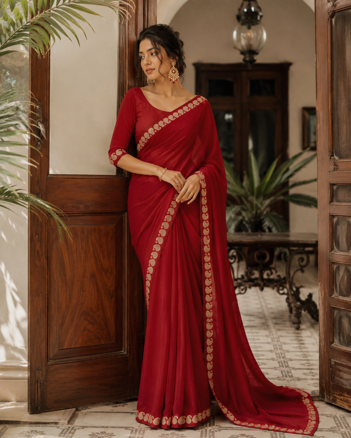 ruhani red viscose georgette saree set - yooneck