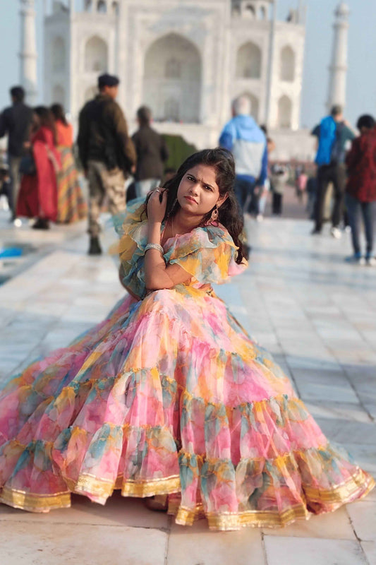 MehfileRang Printed Organza Lehenga Set