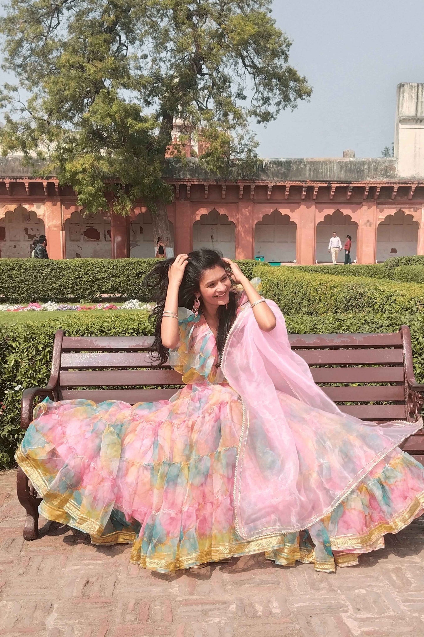 mehfilerang printed organza lehenga set