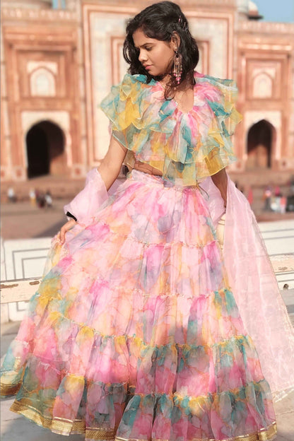 MehfileRang Printed Organza Lehenga Set