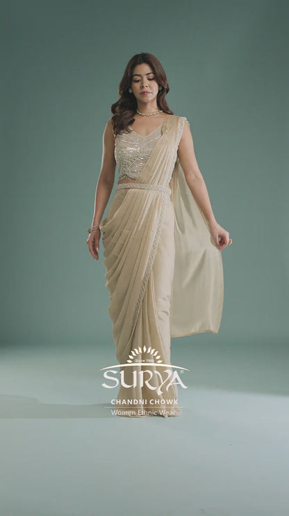 Beige Georgette Drape Saree with Hand Work