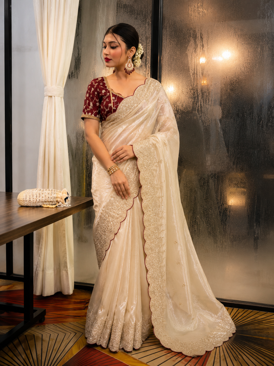 zareen soft space silk embroidered saree set - yooneck