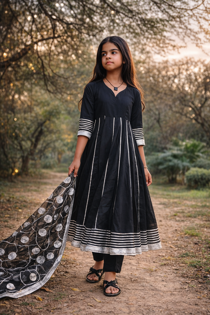 Midnight Bloom Cotton Anarkali Set with Organza Dupatta