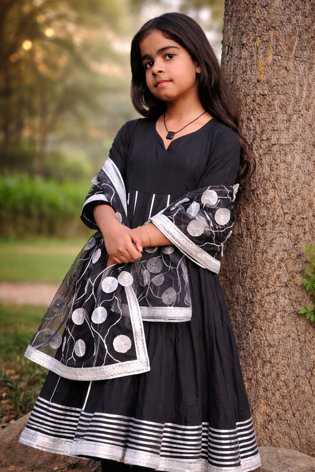 midnight bloom cotton anarkali set with organza dupatta