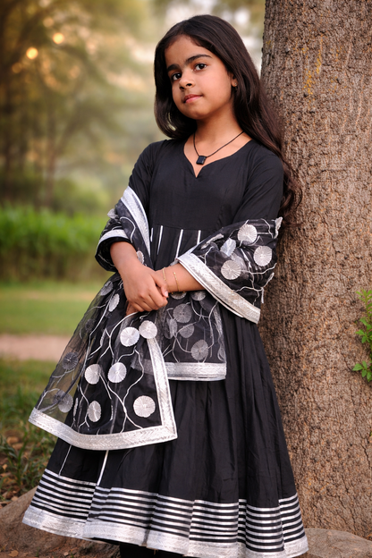 Midnight Bloom Cotton Anarkali Set with Organza Dupatta