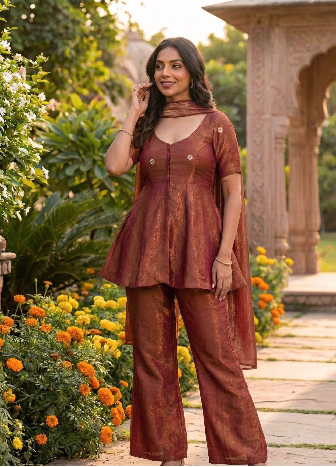 rust radiance cosmos tissue peplum co-ord set