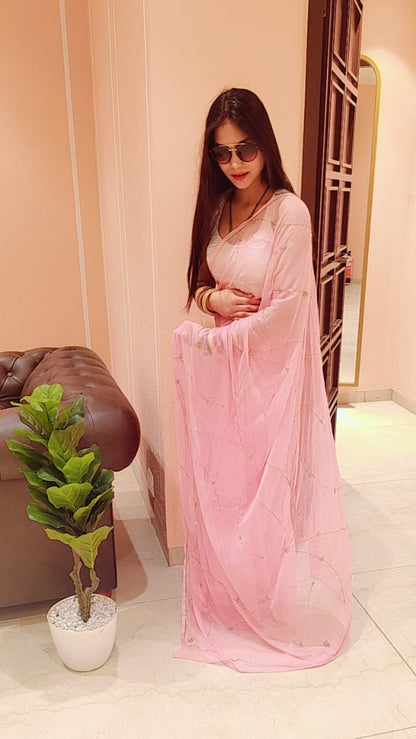 Pink Celestial Intricate Cut-Dana & Nug Work Designer Chiffon Saree