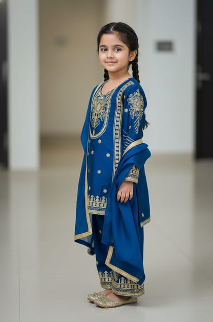 BlueMoon Embroidered Silk Kids Plazzo Set with Dupatta