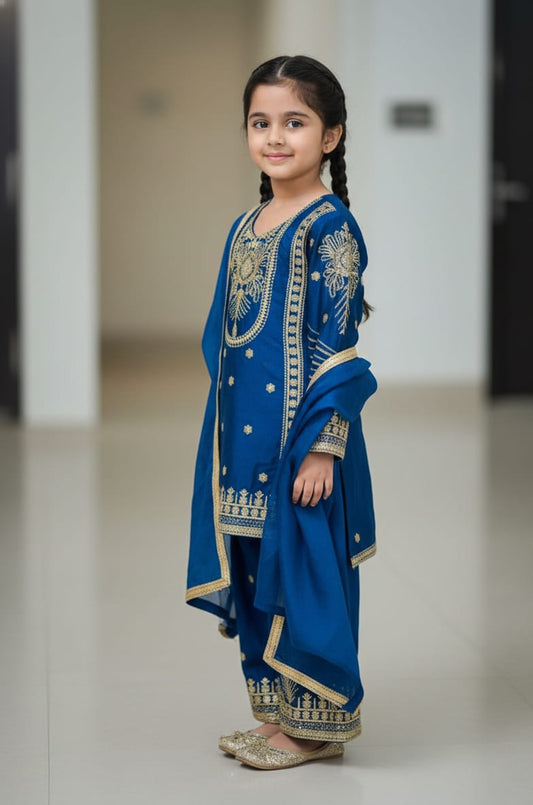 BlueMoon Embroidered Silk Kids Plazzo Set with Dupatta