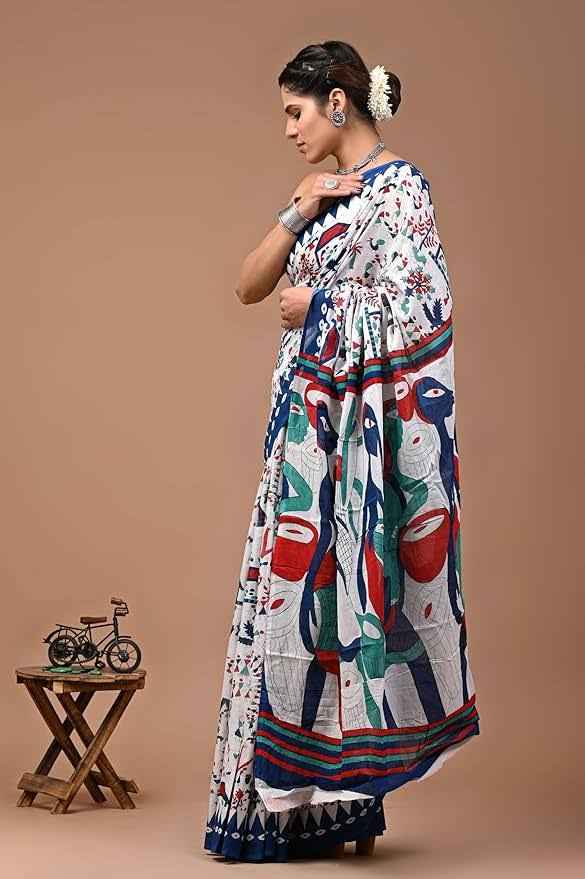 ranglok multicolor tribal art mulmul cotton saree