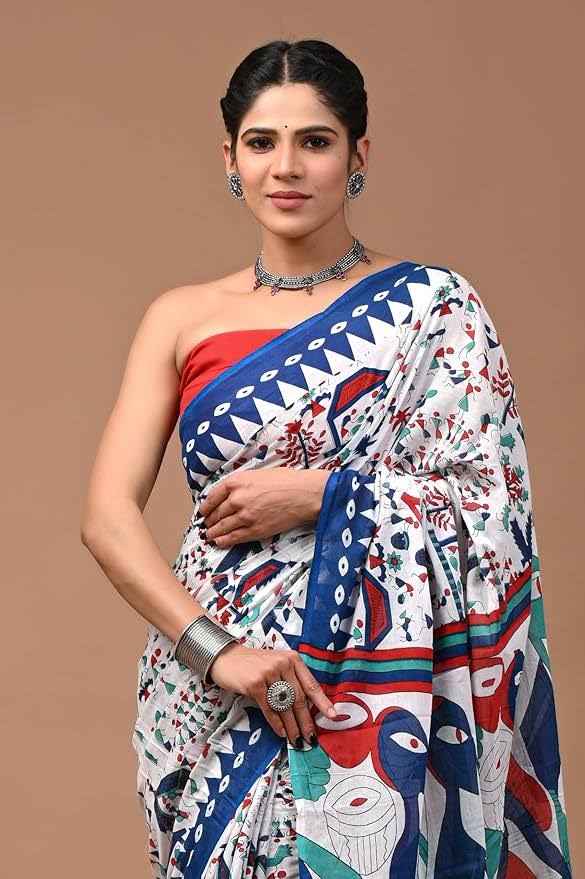 ranglok multicolor tribal art mulmul cotton saree