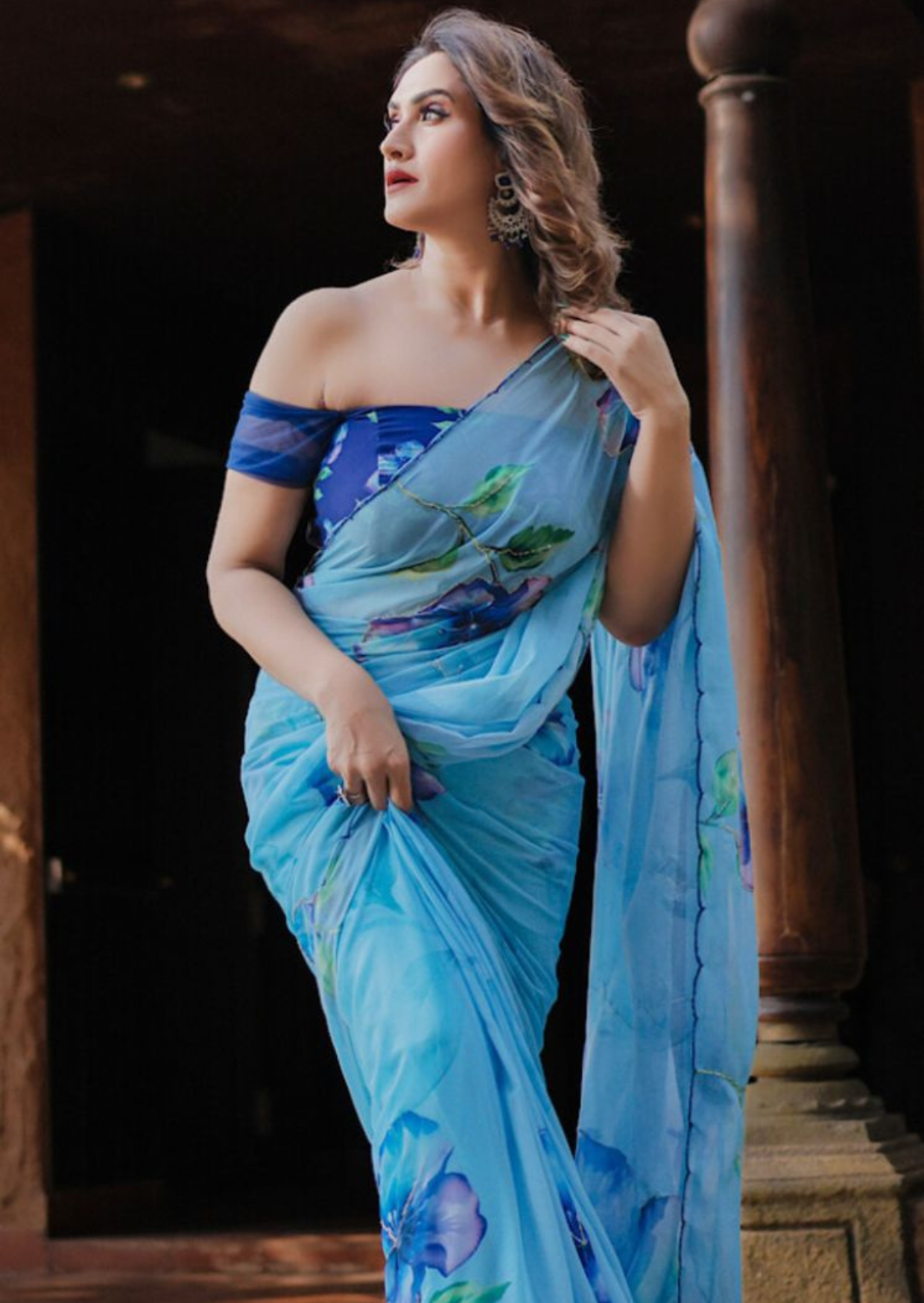 azure bloom digital print chiffon saree