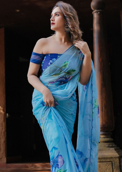 Azure Bloom Digital Print Chiffon Saree