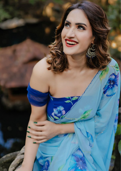 Azure Bloom Digital Print Chiffon Saree