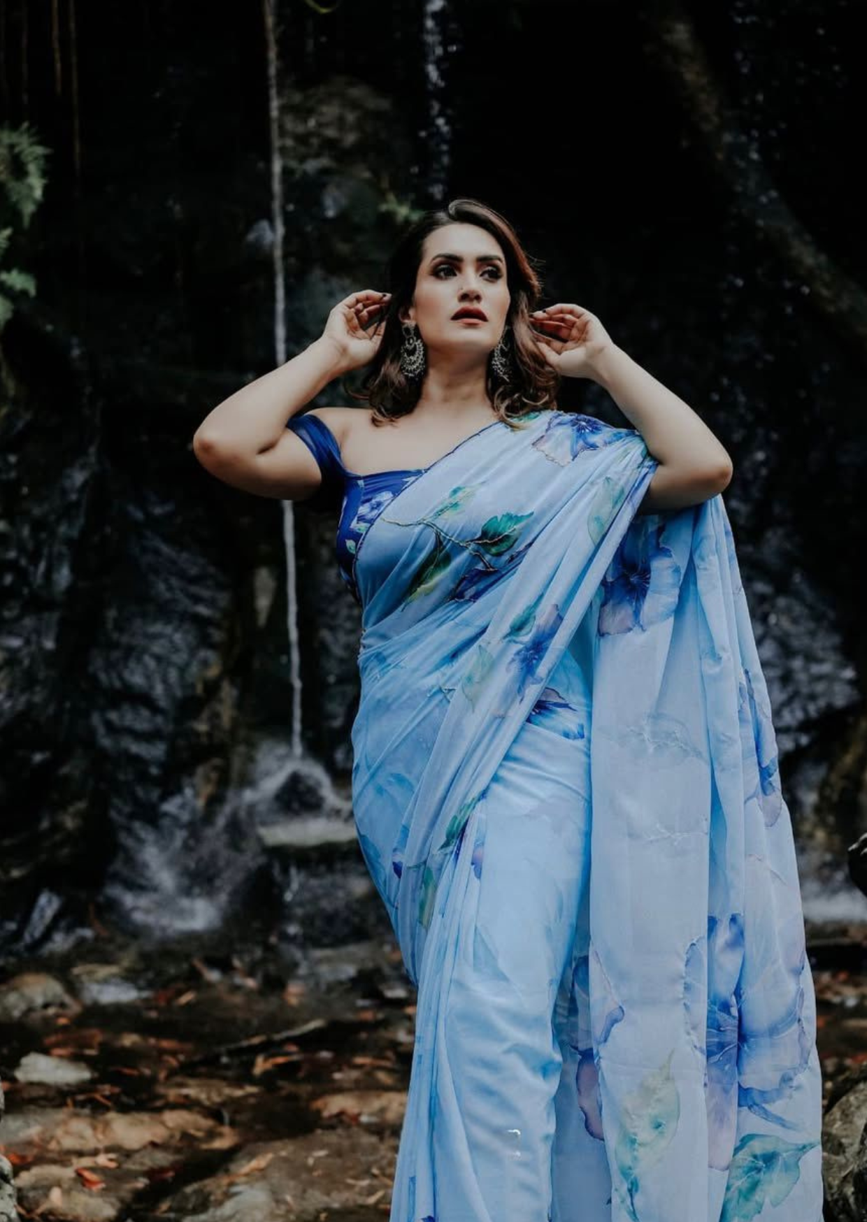 Azure Bloom Digital Print Chiffon Saree