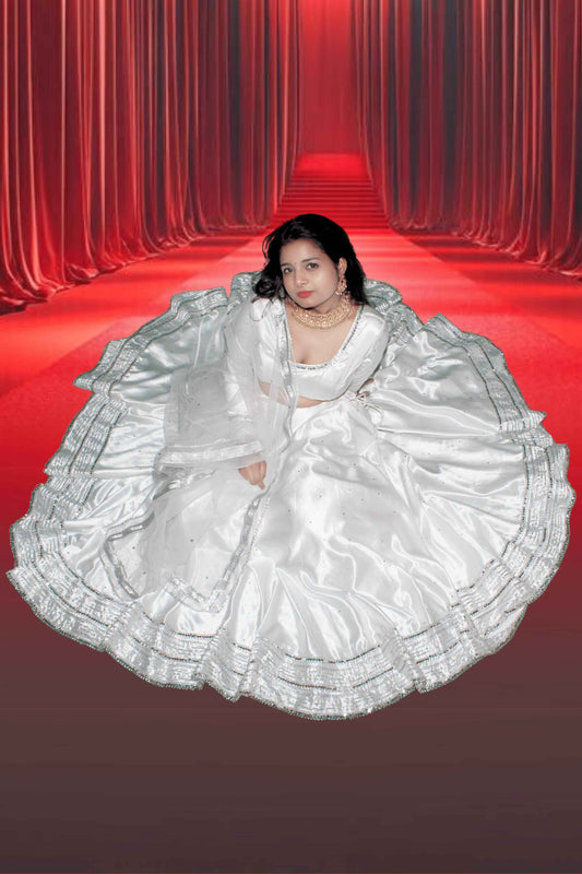 Chandani White Satin Lehenga Set