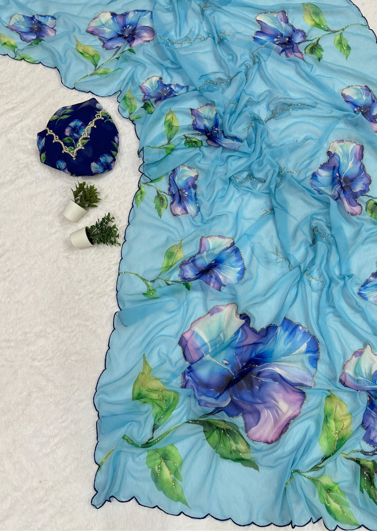 azure bloom digital print chiffon saree