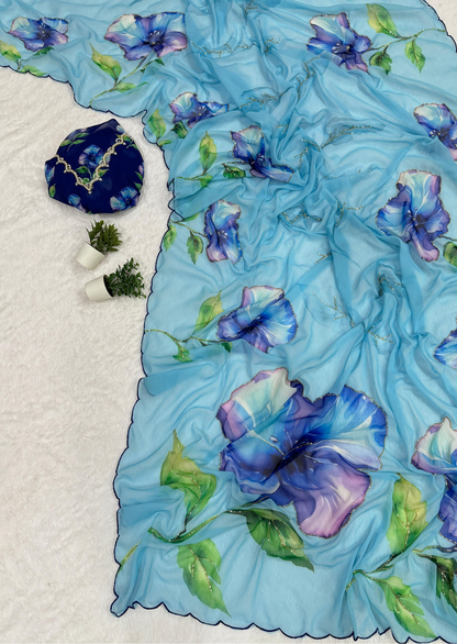 Azure Bloom Digital Print Chiffon Saree