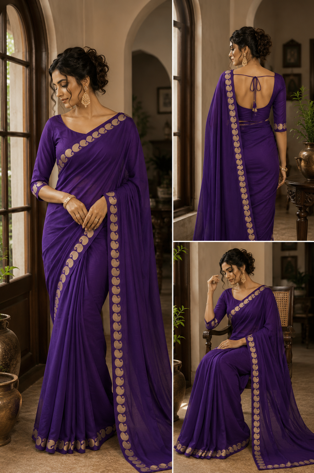 Rivaa Royal Purple Viscose Georgette Saree - Yooneck
