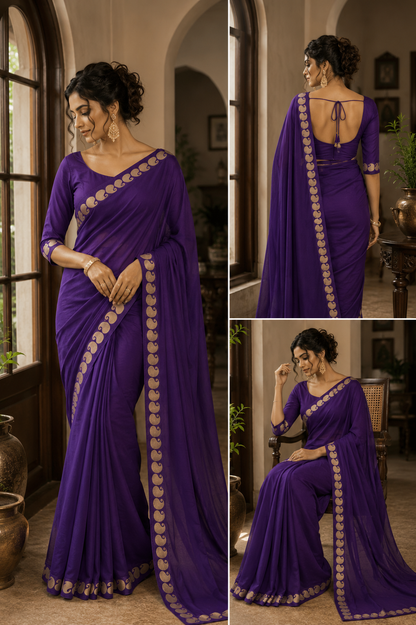 Rivaa Royal Purple Viscose Georgette Saree - Yooneck