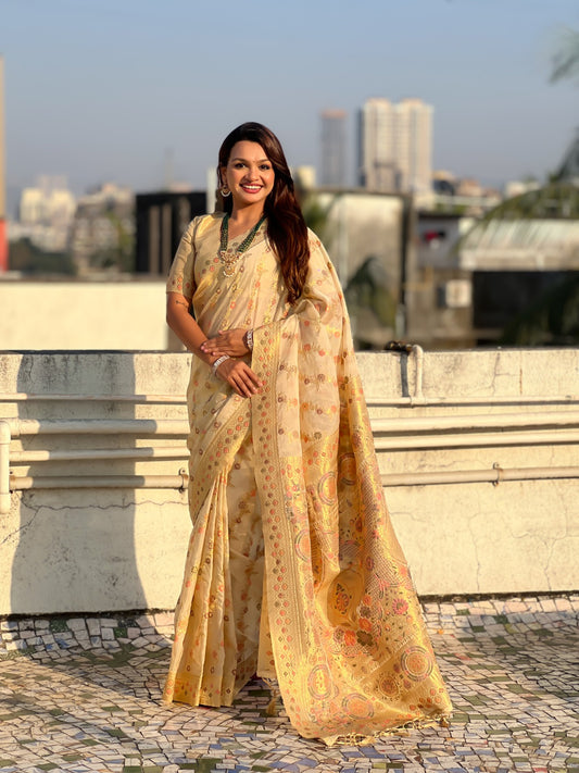 Ivory Kanchan Kora Silk Zari Woven Saree