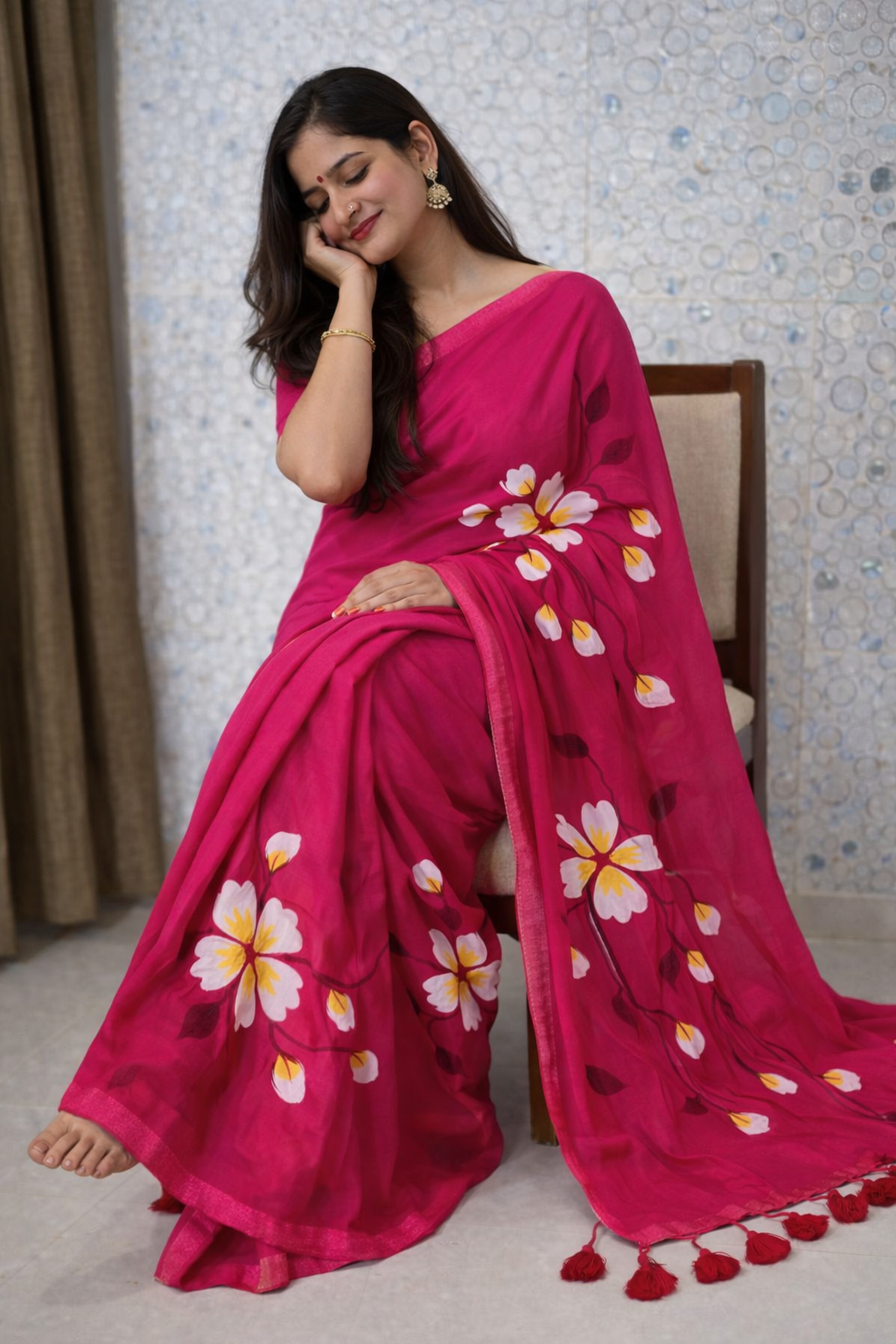 rani bloom premium mull cotton handprint saree