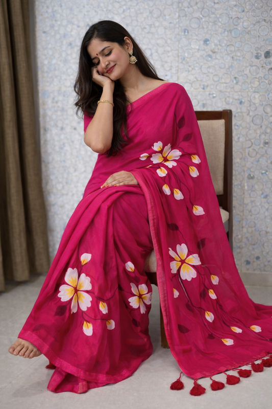 Rani Bloom Premium Mull Cotton Handprint Saree