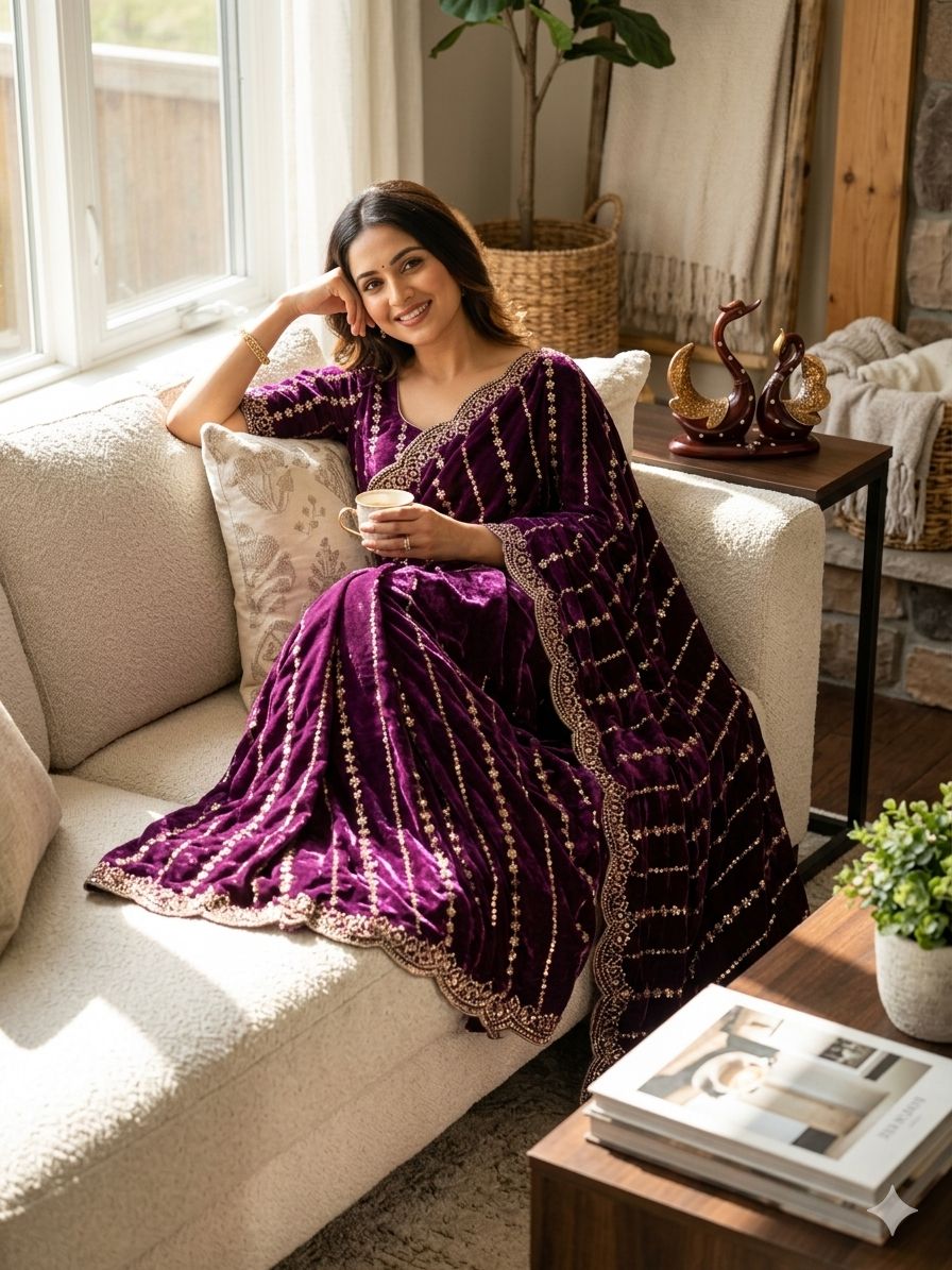 royal queen beads & sequins embroidered soft space silk saree