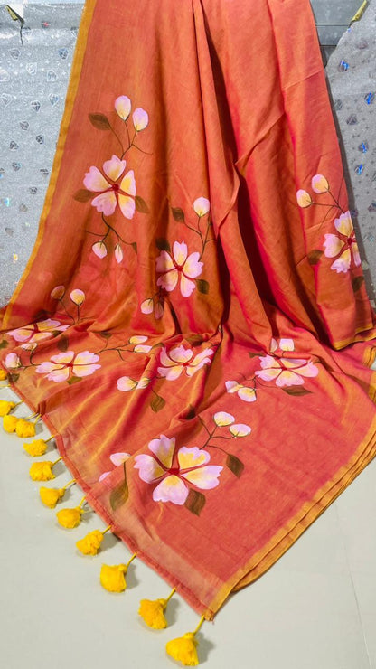 Sunset Bloom Premium Mull Cotton Handprint Saree