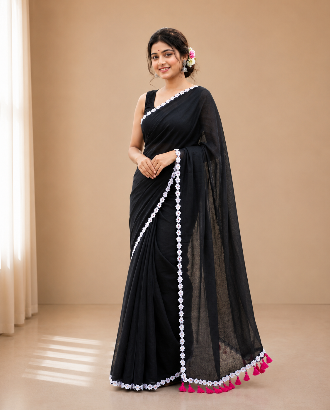 raghini black mul cotton saree with floral lace border