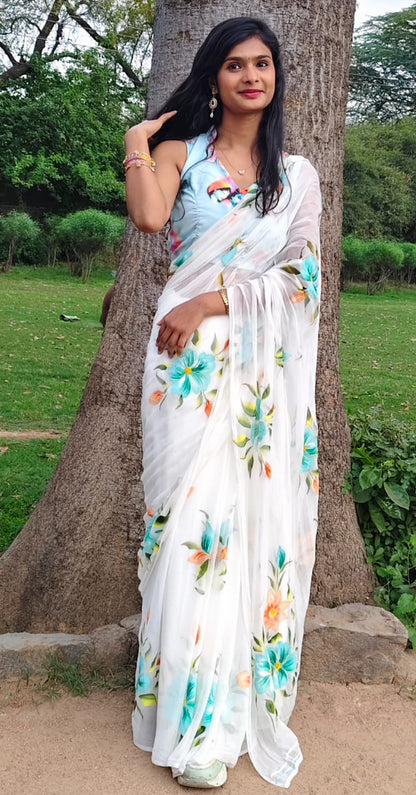 Pushpika Handpainted Chiffon Saree