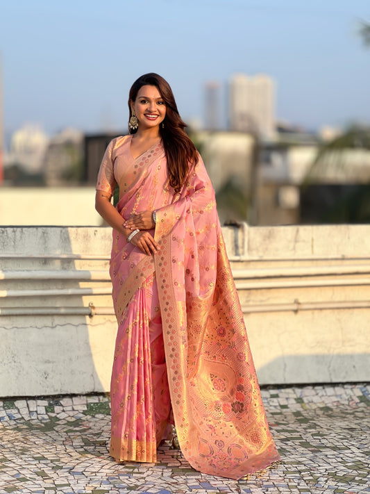 Rose Kanchan Kora Silk Zari Woven Saree