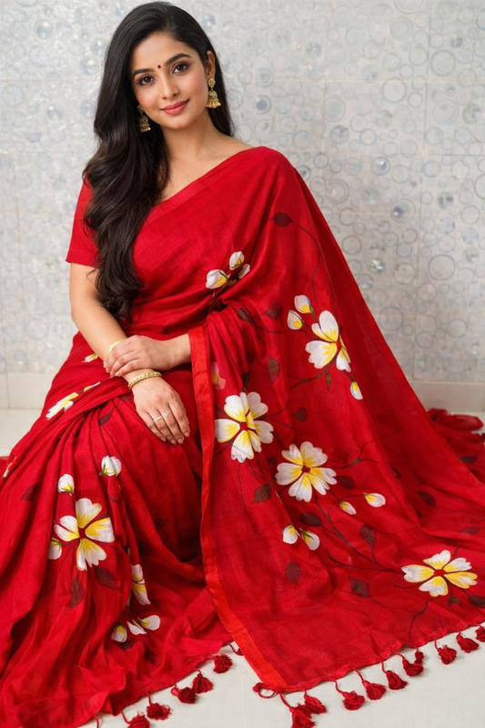 Scarlet Blossom Premium Mull Cotton Handprint Saree