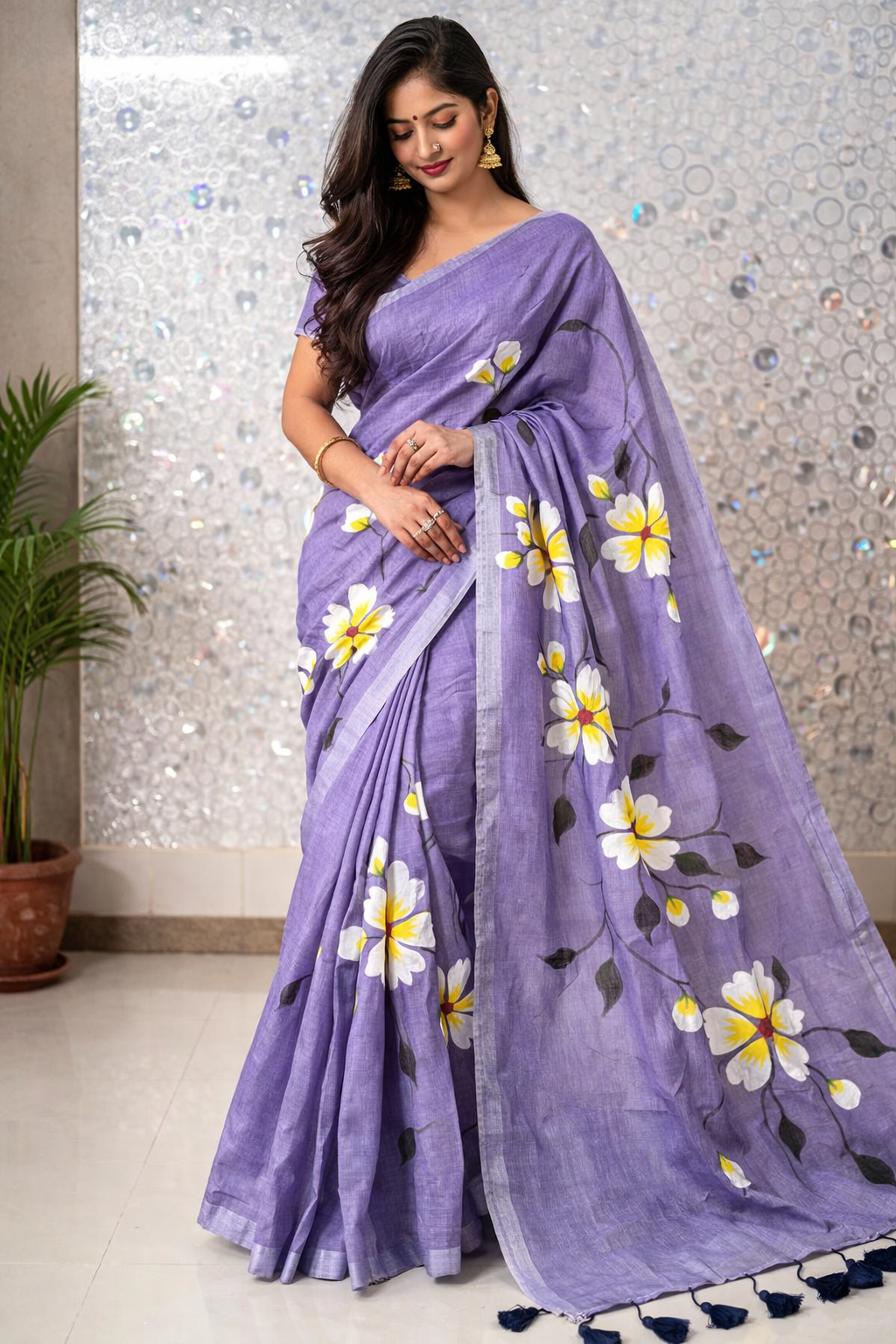 lavender bloom premium mull cotton handprint saree