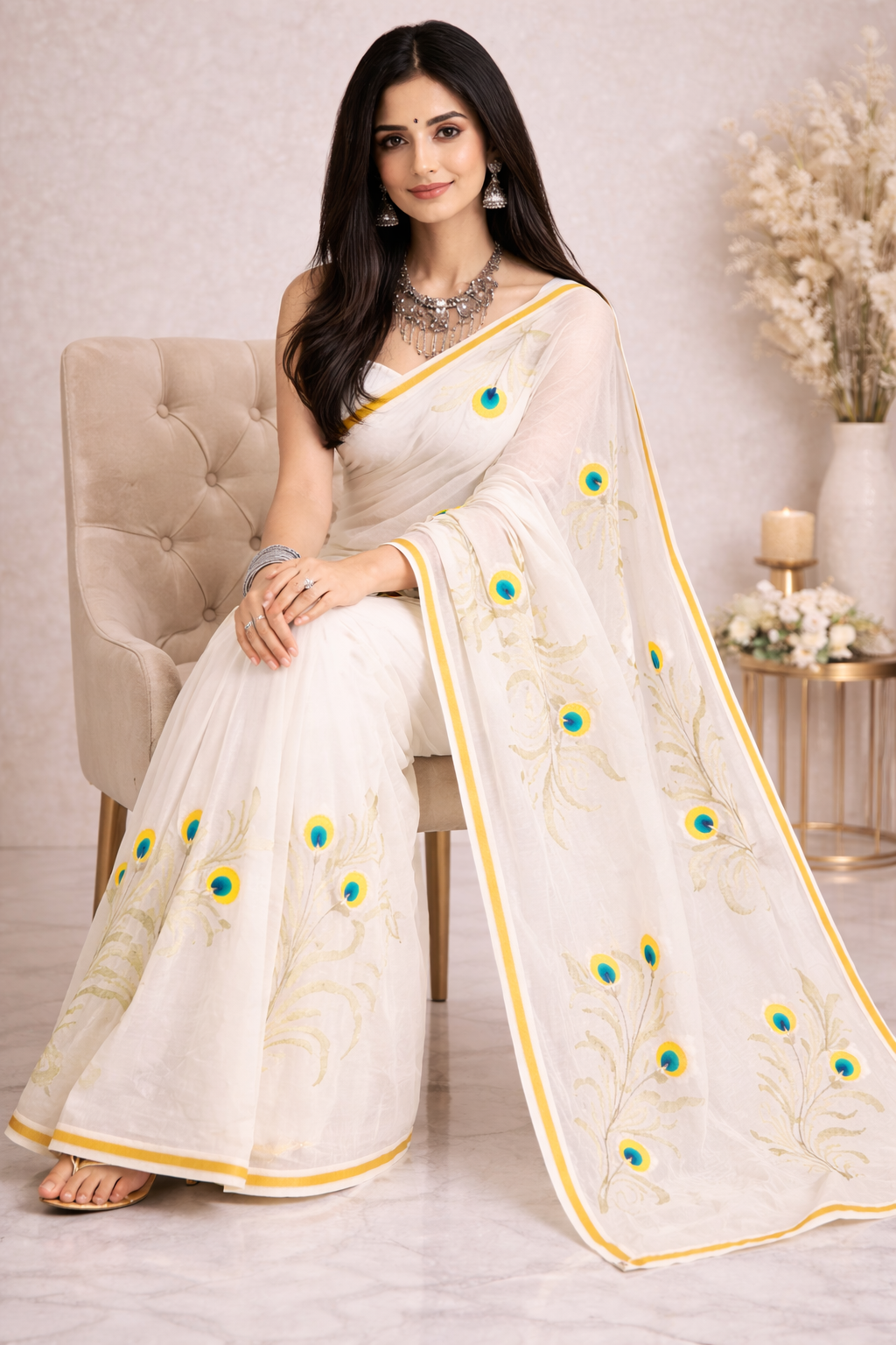 morpakhi handpainted birla cotton saree with golden zari border - yooneck
