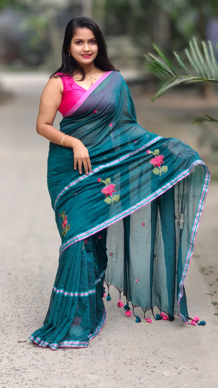 emerald grace mul cotton embroidered saree