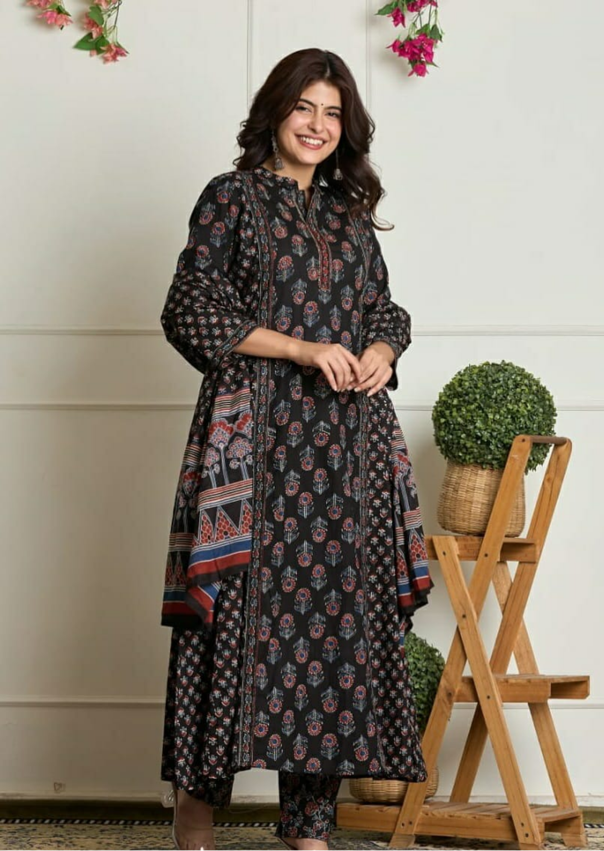 black ethnic flair printed cotton suit set