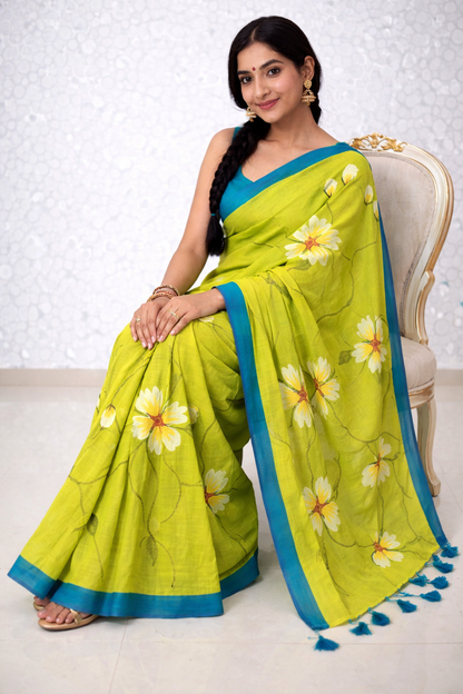Lime Blossom Premium Mull Cotton Handprint Saree