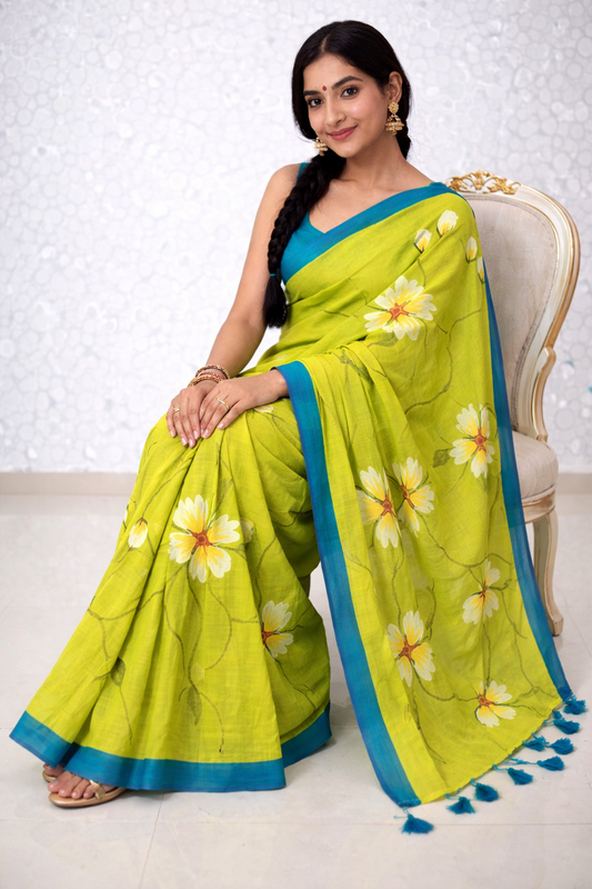 Lime Blossom Premium Mull Cotton Handprint Saree
