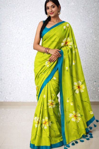 Lime Blossom Premium Mull Cotton Handprint Saree