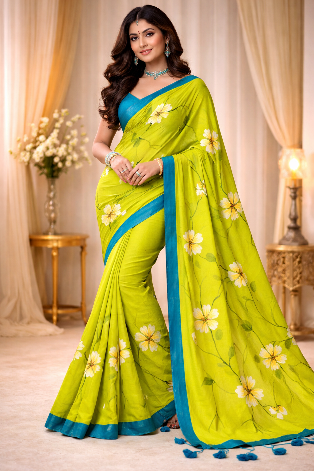 lime blossom premium mull cotton handprint saree