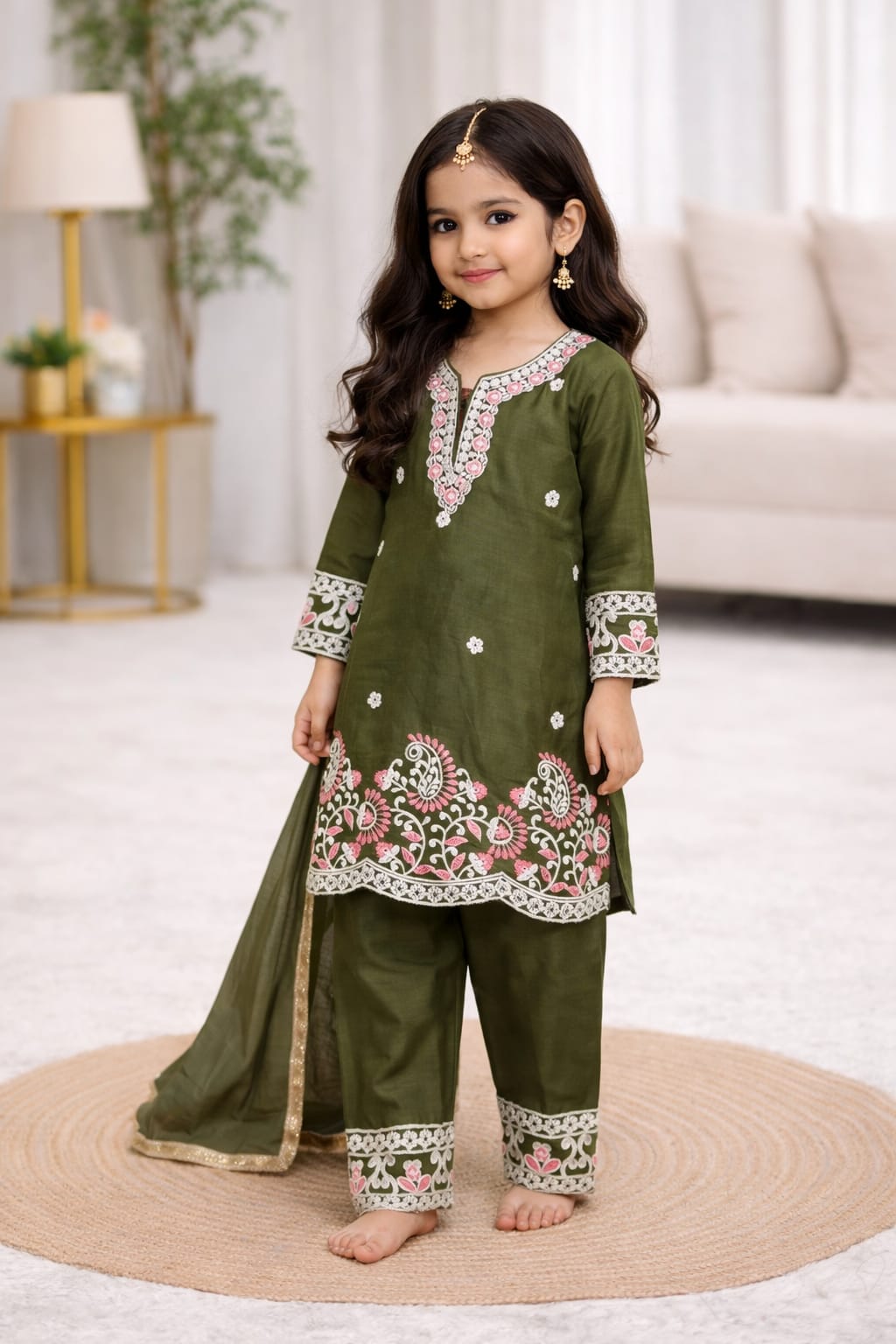 afsha embroidered silk kids suit set with dupatta