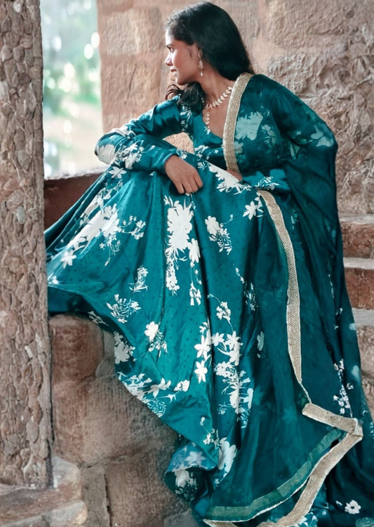 Emerald Bloom Satin Lehenga Set