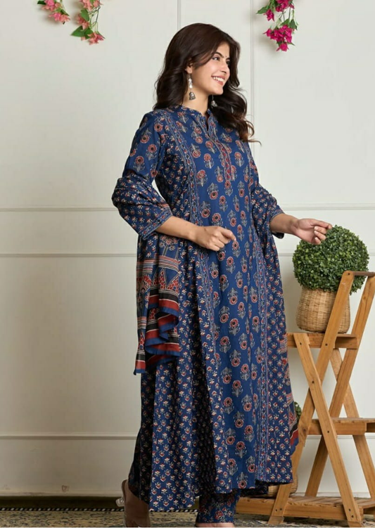 Indigo Ethnic Flair Printed Cotton Suit Set