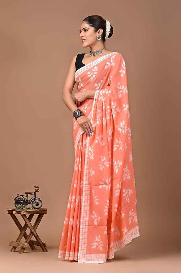 peach pataka summer bloom mulmul cotton saree