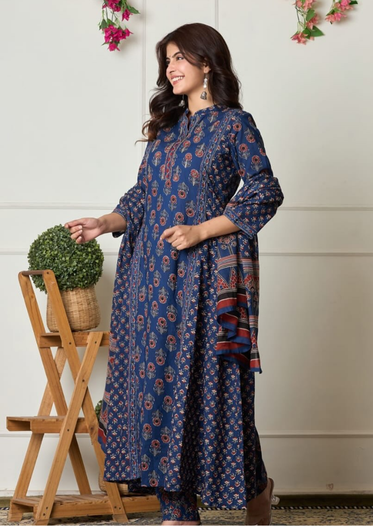 indigo ethnic flair printed cotton suit set