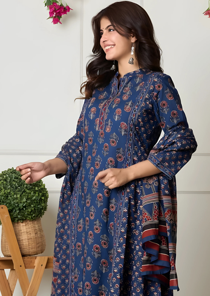 Indigo Ethnic Flair Printed Cotton Suit Set