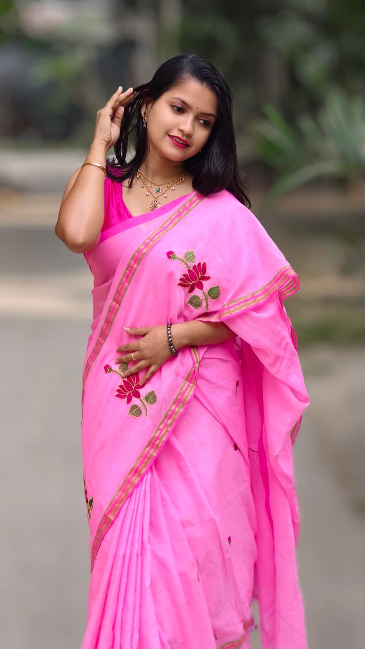 blush bloom mul cotton embroidered saree